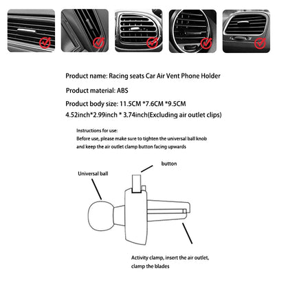 Racing Seat Car Phone Holder – 360° Air Vent Mount
